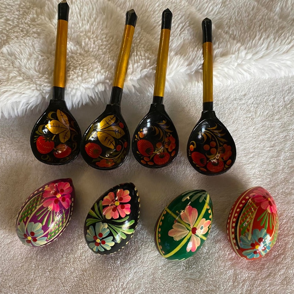 Vintage Russian Khokhloma  Hand Painted Wooden Spoons and Eggs